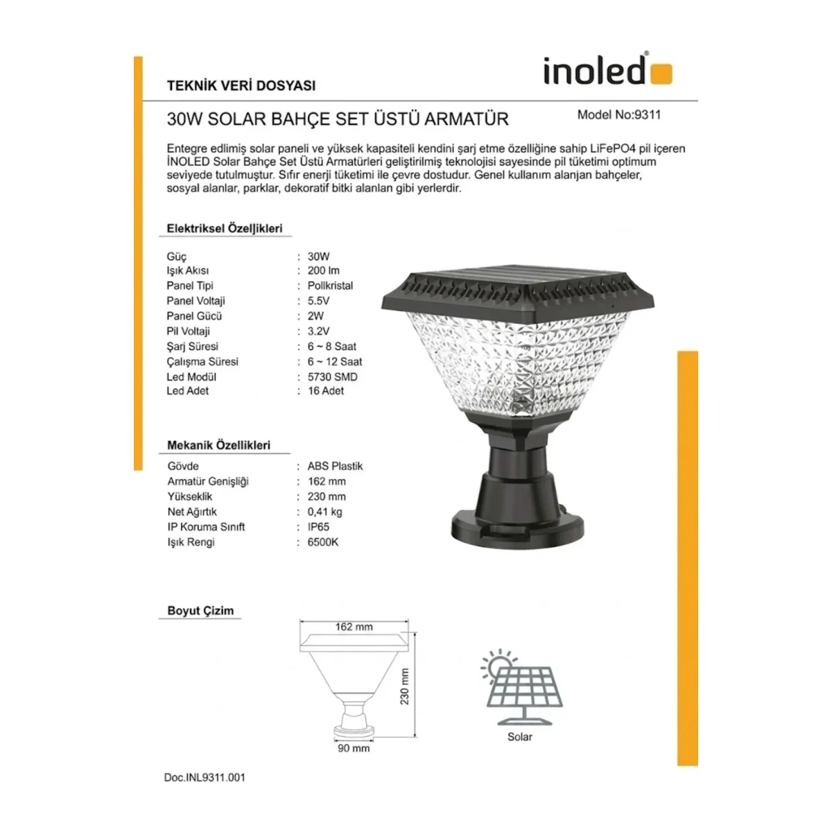 9311 30W SOLAR GÜNEŞ ENERJİLİ BAHÇE ARMATÜRÜ 6500K BEYAZ IŞIK IP65 - Görsel 5