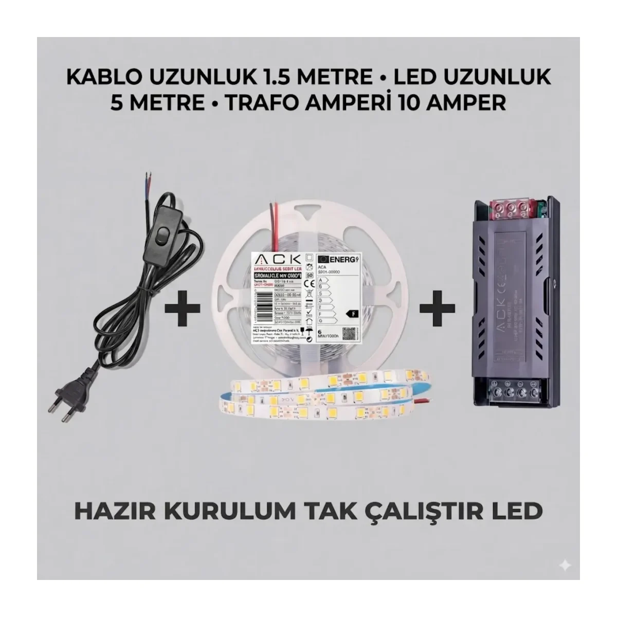 5 METRE 4000K ŞERİT LED AYDINLATMA SETİ - 10A TRAFO + 1.5M FİŞLİ KABLO - HAZIR TAK ÇALIŞTIR